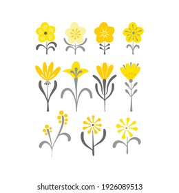 Folk art florals clip art set isolated on white background. Vector illustration set of folksy ethnic yellow and grey spring flowers