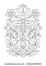 Folk art with flower, birds and butterfly coloring page illustration