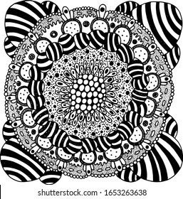 Folk art flower mandala. Psychedelic art. Coloring page for adults. Black and whtie stripes. Surreal art. Trippy artwork. Vetor illustration.