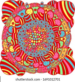 Folk art flower mandala. Psychedelic art. Colorful yoga flyer and poster design. Bright stripes. Surreal art. Trippy artwork. Vetor illustration.