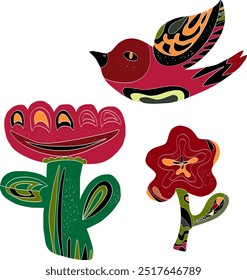 Folk art flowers and birds. Set of fantasy elements vector