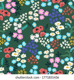 Folk art flowers on green background. Seamless vector pattern. Vintage print with small inflorescences. Retro textile collection.