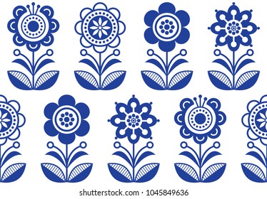 Folk art flowers, seamless vector floral pattern, Scandinavian navy blue repetitive design, Nordic ornament.

Retro floral background inspired by Swedish and Norwegian traditional embroidery 

