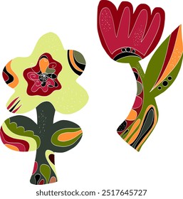 Folk art flowers. Set of fantasy elements vector