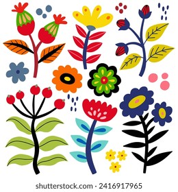 Folk art flowers set, vector flat illustration, isolated elements on white background.