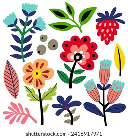 Folk art flowers set, vector flat illustration, isolated elements on white background.