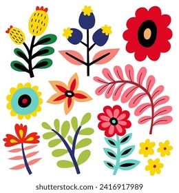 Folk art flowers set, vector flat illustration, isolated elements on white background.