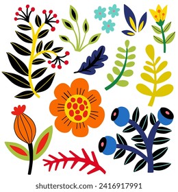 Folk art flowers set, vector flat illustration, isolated elements on white background.