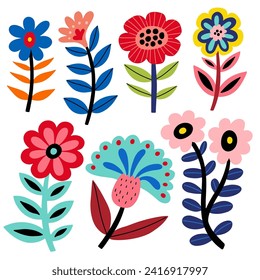 Folk art flowers set, vector flat illustration, isolated elements on white background.