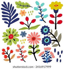 Folk art flowers set, vector flat illustration, isolated elements on white background.