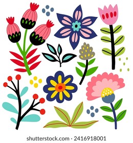 Folk art flowers set, vector flat illustration, isolated elements on white background.