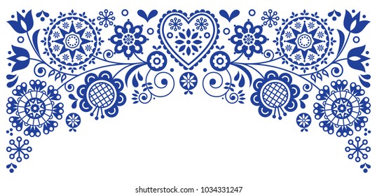 Folk art frame border retro vector greeting card design, floral ornament inspired by Scandinavian art. Retro floral background inspired by Swedish and Norwegian traditional embroidery 