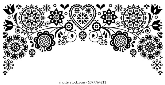 Folk art frame border retro vector greeting card design, floral black and white ornament inspired by Scandinavian art.

Retro monochrome floral background inspired by Swedish and Norwegian art