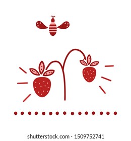 Folk art. Harvesting strawberry in folk style with decorative elements. Vector illustration