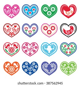 Folk art hearts with flowers and birds icons set