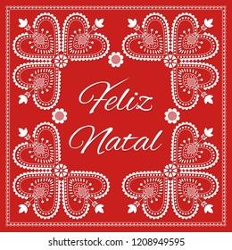 Folk art Holiday card vector template. Feliz Natal - Merry Christmas in Portuguese. Season red background with ornament. Retro design illustration for banner, greeting, party invitation, poster.