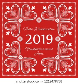 Folk art Holiday card vector template. Frohe Weihnachten & Gluckliches Neues Jahr 2019 - Merry Christmas & Happy New Year in German. Season red background with white ornaments. 