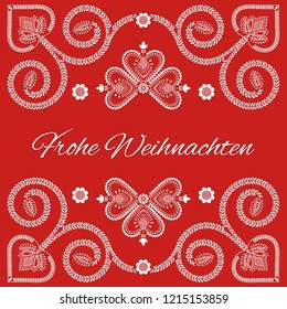 Folk art Holiday card vector template. Frohe Weihnachten - Merry Christmas in German language. Season red background with ornaments design.