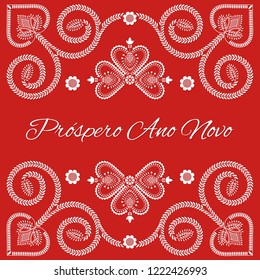 Folk art Holiday card vector template. Prospero Ano Novo - Happy New Year in Portuguese language. Season red background with ornaments design.