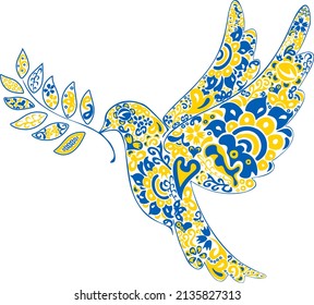 Folk art illustration dove of peace sign in Ukrainian flag colors and ethnical pattern