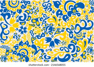 Folk art illustration heart and lettering in Ukrainian flag colors and ethnical pattern