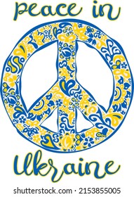 Folk art illustration pacific peace sign in Ukrainian flag colors and ethnical pattern