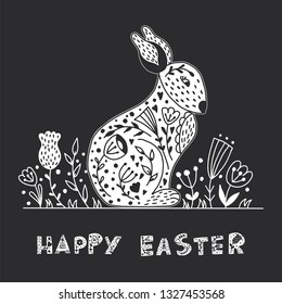 Folk art illustration with rabbit in scandinavian style. Happy easter template.Vector.