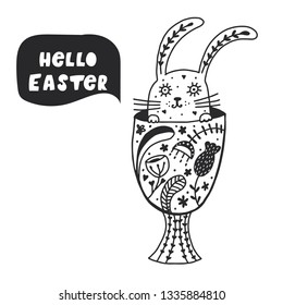 Folk art illustration with rabbit in scandinavian style. Happy easter template.Vector.