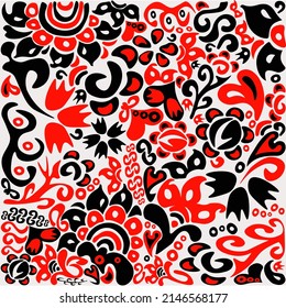Folk art illustration in red and black colors with Ukrainian traditional ethnical pattern