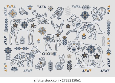 A arte popular inspirou a ilustração do vetor de contorno com animais adornados com padrões florais. Inclui alce, veado, raposa, urso e outras criaturas da floresta, aumentando o charme rústico.