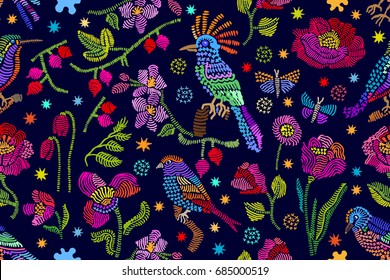 Folk art inspired floral embroidery. Seamless vector pattern with birds, butterflies and flowers. Vintage motifs. Retro textile design collection. Colorful on dark.