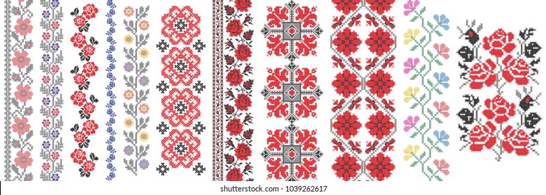 Folk art knitted embroidered good by cross-stitch pattern. Floral pattern for textile, covers, wallpapers.