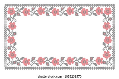 Folk art knitted embroidered good by cross-stitch pattern. Floral pattern for textile, covers, wallpapers.