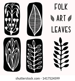 Folk art leaf graphic elements for design set. Hand drawn linocut style block print motif. Black outline folkloric clip art collection. Traditional bohemian illustration. Stylized nature leaves.