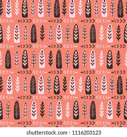 Folk Art Leaf Ornaments,Pink Black on Orange Seamless Pattern , Retro Nature Illustration for Summer Fashion Prints, Textiles, Modern Fabric, Home Decor & Pretty Web Stationery, Vector Surface Design
