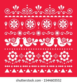 Folk art love, Valentine's Day vector greeting card or wedding invitation pattern, cute design with birds and flowers - Scandinavian style. Retro cute floral decoation in square, Nordic red and white 