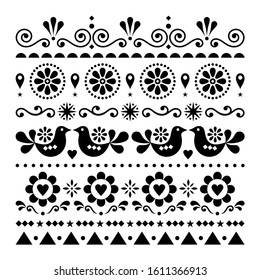 Folk art love, Valentine's Day vector greeting card or wedding invitation pattern, cute design with birds and flowers - Scandinavian style. Retro cute floral decoration in square, Nordic black