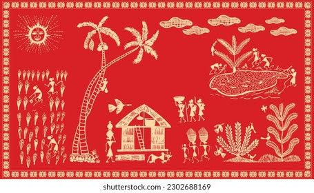 Folk Art von Maharashtra: Warlisches Gemälde. Baum-Warli-Malerei, Tapete-Illustration, Warli-Kunst, Vektorgrafik. Warli Kunstmalerei-Feier im Stammdorf.