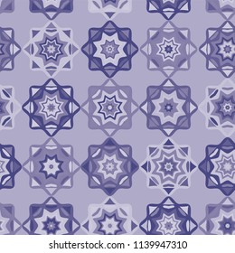 Folk Art Mosaic Tile Pattern Hand Drawn Seamless Vector Backdrop, Purple Blue Star Patchwork Illustration for Retro Fashion Prints, Vintage Stationery, Home Decor, Trendy Gift Wrap and Quilting Fabric