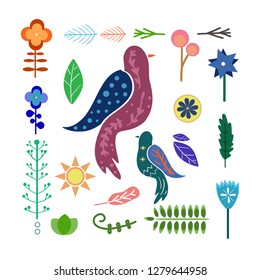 Folk art ornament and pattern. Scandinavian style. Birds and forest flowers leave decor. Vector illustration.