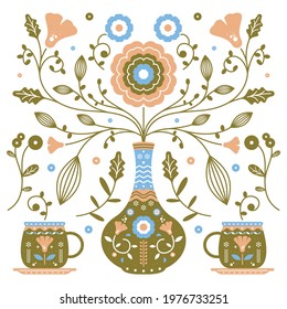 Folk art ornament with vase, jar, and flowers vector illustration. Scandinavian design style. Floral composition. 