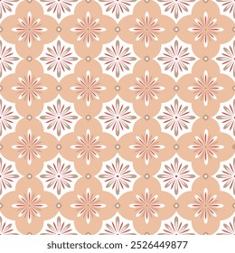 Folk art ornament. Vector seamless abstract tile pattern with flowers and stars. Christmas background. Ginger beige and red color. Fabric textile print.