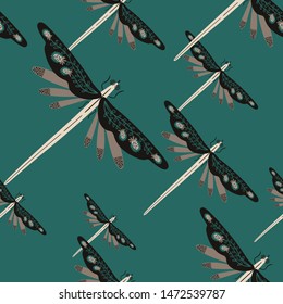 Folk art ornate insects background. Colorful seamless pattern of dragonflies with decorated wings. 