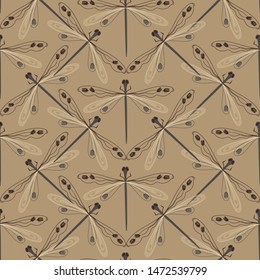 Folk art ornate insects background. Colorful seamless pattern of dragonflies with decorated wings. 