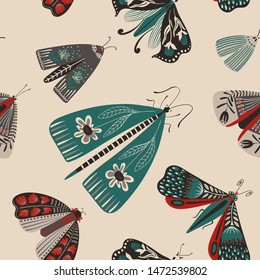 Folk art ornate insects background. Colorful seamless pattern of night moths with decorated wings. 