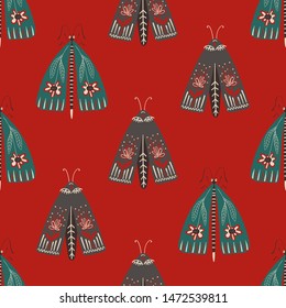 Folk art ornate insects background. Colorful seamless pattern of night moths with decorated wings.