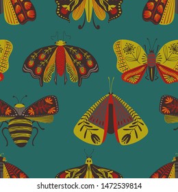 Folk art ornate insects background. Colorful seamless pattern of night moths with decorated wings.