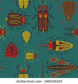 Folk art ornate insects background. Colorful seamless pattern of bugs with decorated wings. 