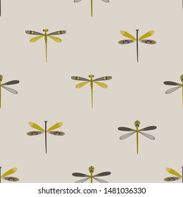 Folk art ornate insects background. Colorful seamless pattern of dragonflies with decorated wings. 