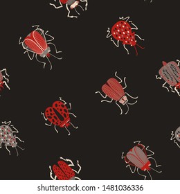 Folk art ornate insects background. Colorful seamless pattern of bugs with decorated wings. 